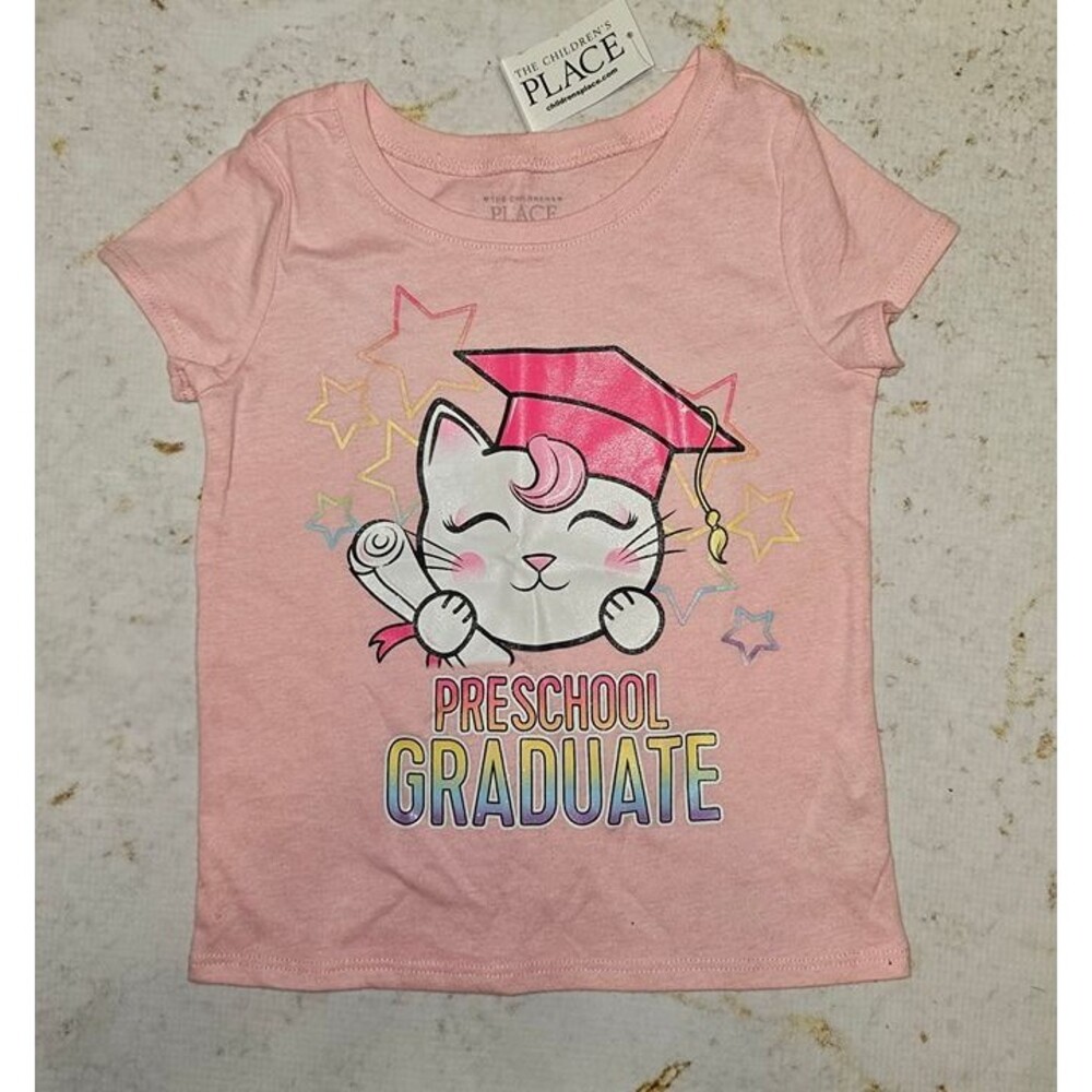 NWT The Children’s Place Preschool Graduate Pink Glitter Cat T-Shirt Size 3T